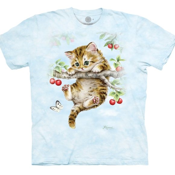 The Mountain Tops - The Mountain Cat Cherry Kitten Branch Cats Butterfly Blue Adult T-Shirt S-3X